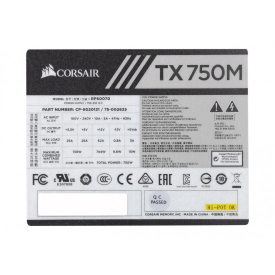 CORSAIR TX-M Series TX750M (CP-9020131-NA) 750W ATX12V v2.4 / EPS 2.92 80 PLUS GOLD Certified Semi-Modular Active PFC Power Supply