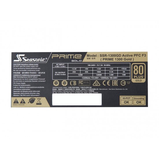 Seasonic PRIME 1300W 80+ Gold Power Supply, Full Modular, 135mm FDB Fan w/Hybrid Fan Control, ATX12V & EPS12V, Power On Self Tester Seasonic PRIME 1300W 80+ Gold Power Supply, Full Modular, 135mm FDB Fan w/Hybrid Fan Control, ATX12V & EPS12V, Power On Self Tester