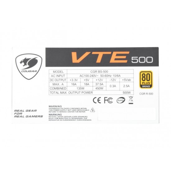 COUGAR VTE Series VTE500 500W ATX12V 80 PLUS BRONZE Certified Active PFC Power Supply