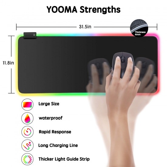 RGB Gaming Mouse Pad, YooMa 14 Lighting Modes 2 Brightness Levels Large Extended Soft LED Mouse Pad, Waterproof Computer Keyboard Mousepads Mat, Non-Slip Rubber Base and Durable Stitched Edges