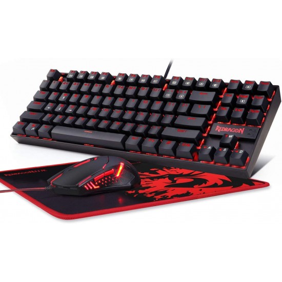 Redragon K552-BA Mechanical Gaming Keyboard and Mouse Combo & Large Mouse Pad, 87 Key RED LED Backlit Keyboard for Windows PC (Keyboard, Mouse, Mousepad Set)