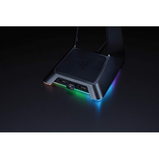 Razer Base Station Chroma Headphone/Headset Stand w/USB Hub - [Matte Black]: Chroma RGB Lighting - 3x USB 3.0 Ports - Non-Slip Rubber Base - Designed for Gaming Headsets