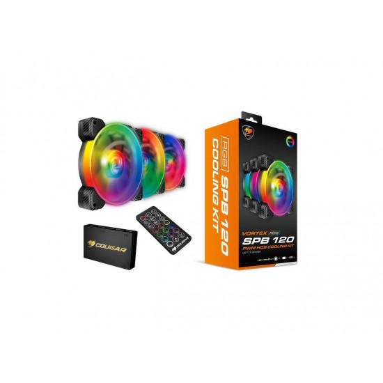 Cougar Hydraulic Vortex RGB SPB 120 mm PMW HDB Cooling Kit with addressable RGB Lighting, Core Box v2, Remote Controller and Three Vortex RGB SPB 120 Cooling Fans (3 Pack) Cougar Hydraulic Vortex RGB SPB 120 mm PMW HDB Cooling Kit with addressable RGB Lighting, Core Box v2, Remote Controller and Three Vortex RGB SPB 120 Cooling Fans (3 Pack)