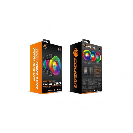 Cougar Hydraulic Vortex RGB SPB 120 mm PMW HDB Cooling Kit with addressable RGB Lighting, Core Box v2, Remote Controller and Three Vortex RGB SPB 120 Cooling Fans (3 Pack) Cougar Hydraulic Vortex RGB SPB 120 mm PMW HDB Cooling Kit with addressable RGB Lighting, Core Box v2, Remote Controller and Three Vortex RGB SPB 120 Cooling Fans (3 Pack)