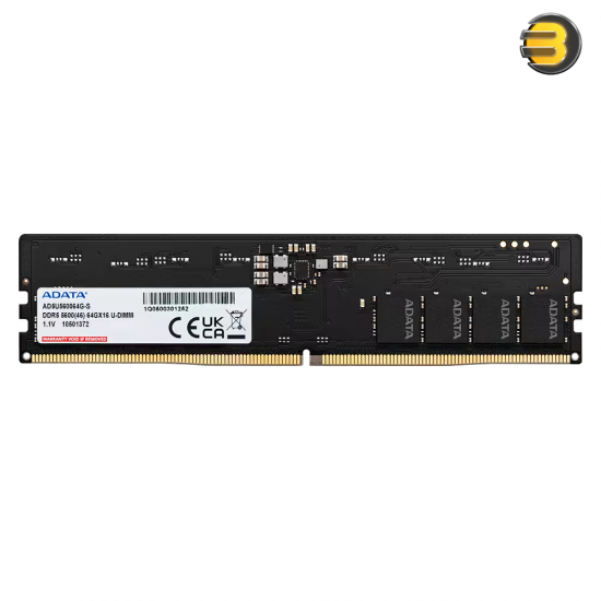 ADATA AD5U560064G-S 64GB DDR5 5600 MT/s CL46 U-DIMM desktop memory module with low-profile black PCB, onboard PMIC and JEDEC native speed