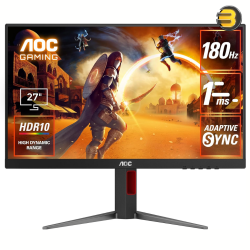 AOC 27G4 27 Gaming Monitor, Fast IPS, FHD 1920×1080 Display, 180Hz, 1ms(GtG), HDR10, HDMI 2.0 x 1, DisplayPort 1.4 x 1, Adaptive Sync, 16.7 M Display Colors, Adjustable Stand, Black & Red