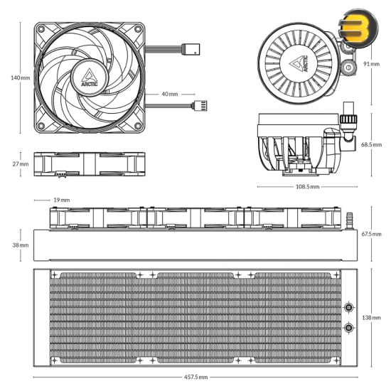 Arctic Liquid Freezer III 420 A-RGB (White) AIO CPU Cooler - Intel 1851/1700 & AMD AM5/AM4 Compatible - 420mm Radiator - Triple P14 PWM A-RGB Fans - Copper Cold Plate - MX-6 Pre-Applied Thermal Paste - Customizable A-RGB Lighting