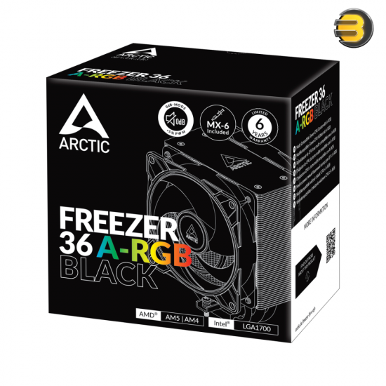 ARCTIC Freezer 36 A-RGB (Black) Multi-Compatible Tower CPU Cooler - Dual P12 PWM PST A-RGB Fans - Intel LGA1851, LGA1700, AMD AM5, AM4 - Optimized Cooling with 4x Ø6mm Copper Heatpipes - MX-6 Thermal Paste Included