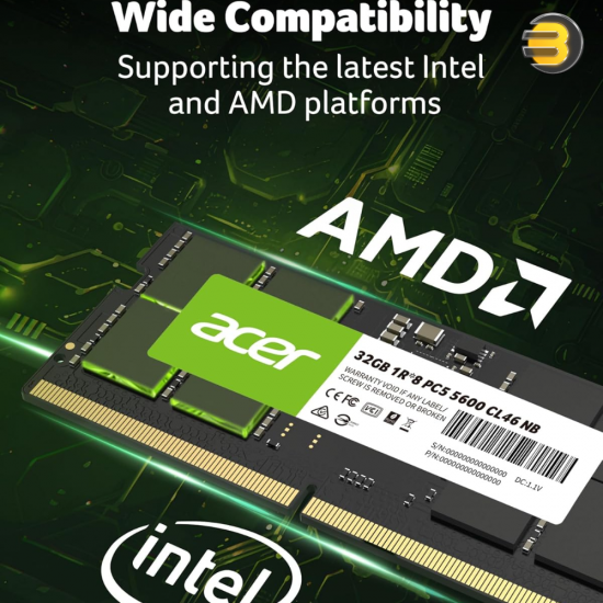 Acer SD200 32GB (1x32GB) DDR5-5600 CL46 SO-DIMM Laptop RAM – 1.1V, JEDEC Standard, Part No. BL.9BWWA.419