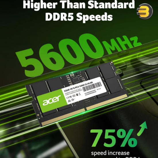 Acer SD200 32GB (1x32GB) DDR5-5600 CL46 SO-DIMM Laptop RAM – 1.1V, JEDEC Standard, Part No. BL.9BWWA.419