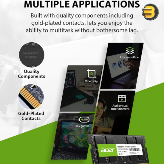 Acer 16GB DDR4-3200 CL22 SO-DIMM Laptop RAM – 1.2V, Dual Rank, Part No. BL.9BWWA.213