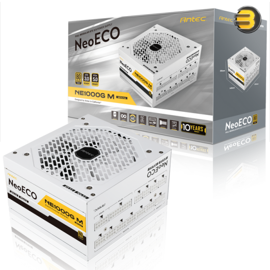 ANTEC 1000W NeoECO NE1000G M White — ATX3.0, Full Modular PSU, 80 Plus Gold, PCIE 5.0 Support, PhaseWave Design, Japanese Caps, Zero RPM Manager, Silent 120mm Fan