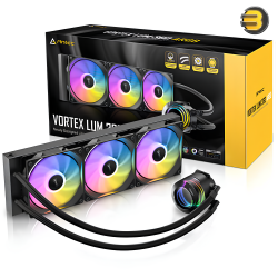 Antec Vortex LUM 360 ARGB 360mm AIO Liquid CPU Cooler — 397×120×27 mm aluminum radiator, 3×120 mm ARGB PWM fans 800–1800 RPM up to 71.5 CFM/2.45 mmH₂O at ≤31 dB, copper base, EPDM high‑density tubing, included ARGB controller