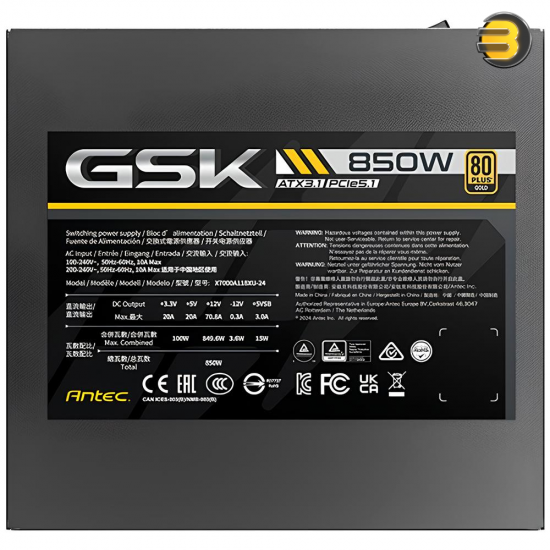 Antec GSK850 ATX3.1 850W 80+ Gold Fully Modular Power Supply – Native 12V-2x6 (12VHPWR) PCIe 5.1 Connector, 100% Japanese Capacitors, Zero RPM Mode, 120mm FDB Silent Fan, 10-Year Warranty