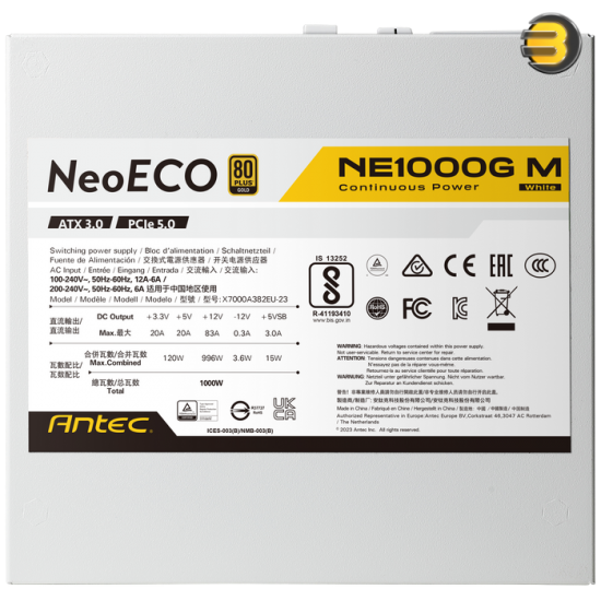 ANTEC 1000W NeoECO NE1000G M White — ATX3.0, Full Modular PSU, 80 Plus Gold, PCIE 5.0 Support, PhaseWave Design, Japanese Caps, Zero RPM Manager, Silent 120mm Fan