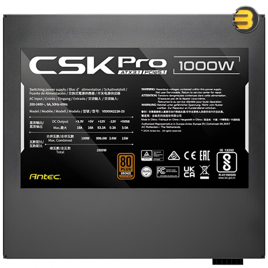 Antec CSK1000 PRO ATX3.1 1000W 80+ Bronze Semi-Modular Power Supply – Native 12V-2x6 (12VHPWR) PCIe 5.1 Connector, 120mm Silent Fan, ATX 3.1 Compliant, 5-Year Warranty Antec CSK1000 PRO ATX3.1 1000W 80+ Bronze Semi-Modular Power Supply – Native 12V-2x6 (12VHPWR) PCIe 5.1 Connector, 120mm Silent Fan, ATX 3.1 Compliant, 5-Year Warranty