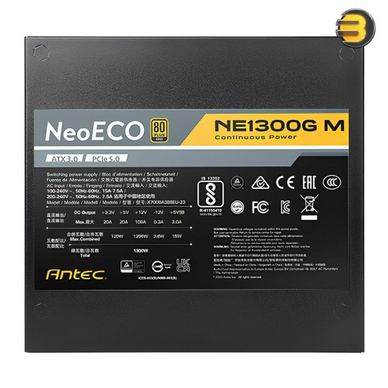 ANTEC 1300W NeoECO NE1300G M ATX3.0 — Full Modular PSU, 80 Plus Gold Certified, PCIE 5.0 Support, PhaseWave Design, Japanese Caps, Zero RPM Manager, Silent 120mm Fan