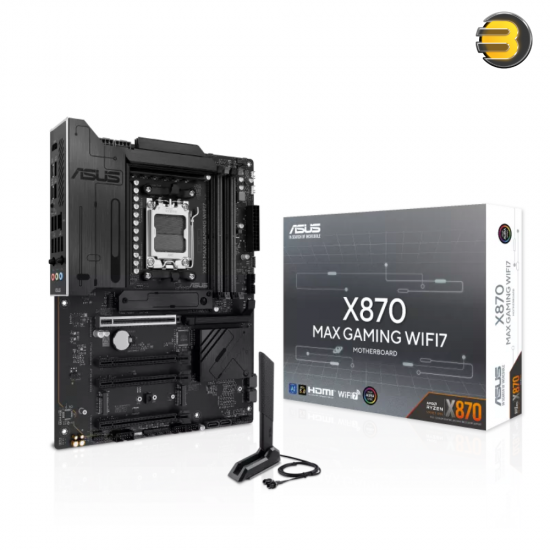 ASUS X870 MAX GAMING WIFI7 AMD AM5 ATX motherboard with Wi-Fi 7, PCIe 5.0, USB4, 3x M.2 slots, and ASUS Q-Design features