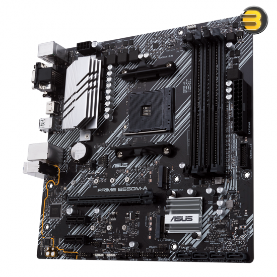 ASUS PRIME B550M-A AM4 micro-ATX motherboard with 4 DDR4 slots, PCIe 4.0 x16, dual M.2 connectors, aluminum VRM heatsinks and RGB/ARGB headers