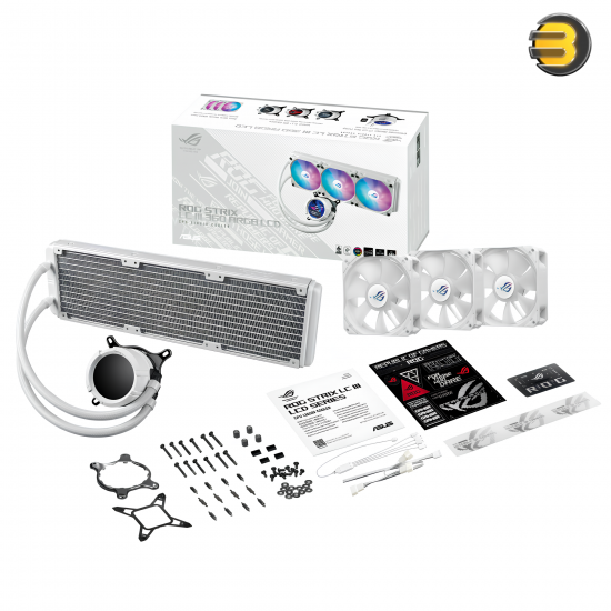 ASUS ROG STRIX LC III 360 ARGB LCD White Edition All-in-One Liquid CPU Cooler — 360mm Aluminum Radiator, 3x 120mm ROG STRIX AF-12S ARGB Fans, 2.1 Inch Full-Color IPS LCD Pump Display (360° Rotatable), 7th Gen V2 Asetek Pump, Copper CPU Plate, PWM Control,