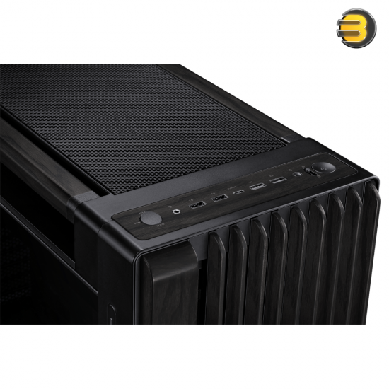 ASUS PROART PA602 WOOD TG PWM BLACK – Mid Tower Case supporting EATX/ATX/Micro-ATX/Mini-ITX/DTX/Mini-DTX, featuring 4× 2.5 bays, 4× 2.5/3.5 combo bays, 8+2 expansion slots, and front I/O: 2× USB 3.2 Gen1, 1× USB 3.2 Gen2x2 Type-C, 2× USB