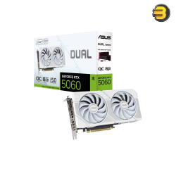 ASUS Dual GeForce RTX 5060 White OC Edition 8GB GDDR7 — PCIe 5.0, 3840 CUDA cores, 28 Gbps, 128-bit, Boost up to 2565 MHz, 3x DisplayPort 2.1b + 1x HDMI 2.1b, 2.5‑slot, Axial‑tech fans with 0dB mode, SFF‑ready, recommended PSU 550W