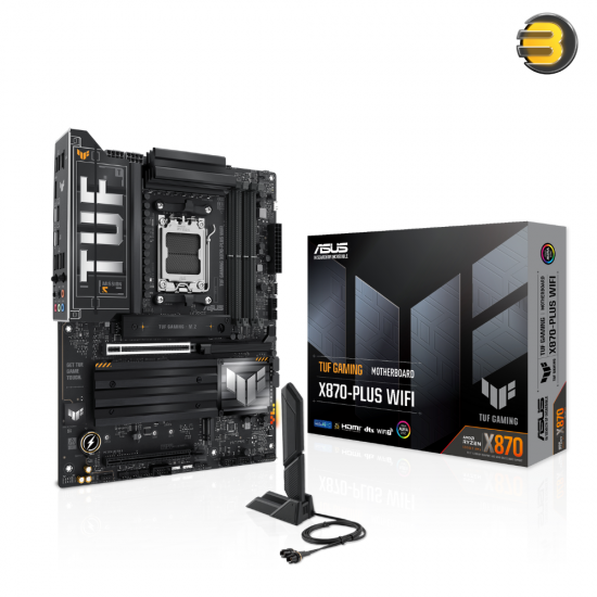 ASUS TUF GAMING X870-PLUS WIFI — AMD AM5 X870 ATX motherboard, 16+2+1, 80A SPS power stages, DDR5, PCIe 5.0 Ready, four M.2 slots, Wi-Fi 7, 2.5Gb LAN, HDMI, USB4 40Gbps, SATA 6 Gbps, USB 20Gbps Type-C