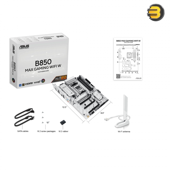 ASUS B850 MAX GAMING WIFI W — ATX AM5 motherboard, AMD B850 chipset, Ryzen 9000/8000/7000 support, DDR5 up to 8000+ MT/s (OC) via EXPO/AEMP, PCIe 5.0 x16, 3x M.2 (one PCIe 5.0), 4x SATA, Wi‑Fi 6E + BT 5.3, 2.5Gb LAN, USB 10Gbps Type‑C/Type‑A, HDMI, DP, BI
