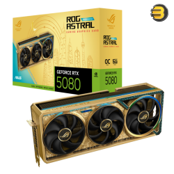 ASUS ROG Astral GeForce RTX 5080 Dhahab CORE OC Edition — 16GB GDDR7, PCIe 5.0, 10,752 CUDA cores, OC up to 2790 MHz, 30 Gbps 256‑bit memory, quad‑fan cooling with vapor chamber, ARGB, 3.8‑slot design