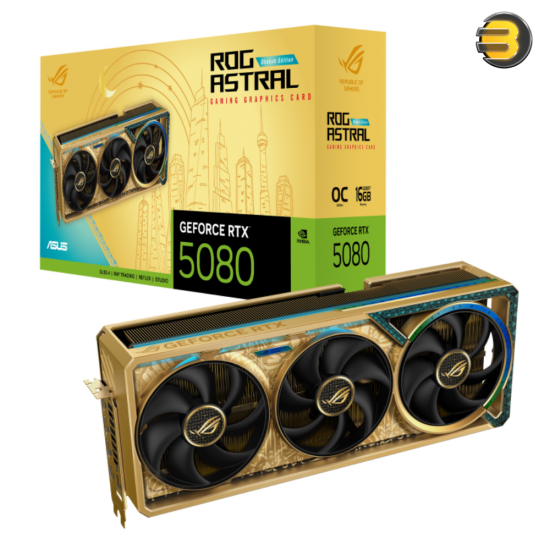 ASUS ROG Astral GeForce RTX 5080 Dhahab CORE OC Edition — 16GB GDDR7, PCIe 5.0, 10,752 CUDA cores, OC up to 2790 MHz, 30 Gbps 256‑bit memory, quad‑fan cooling with vapor chamber, ARGB, 3.8‑slot design, 2x HDMI 2.1b + 3x DP 2.1b, 16‑pin power, 850W PSU rec