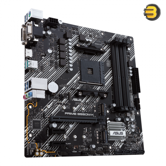 ASUS PRIME B550M-K AM4 micro-ATX motherboard with PCIe 4.0 x16, dual M.2 slots, HDMI 2.1, DVI-D, VGA and 10Gbps USB 3.2 ports