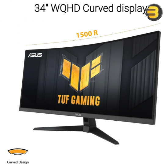 ASUS TUF Gaming VG34VQ3B 34" UWQHD Curved Gaming Monitor ASUS TUF Gaming VG34VQ3B 34 inch ultrawide curved gaming monitor with UWQHD resolution, 180Hz refresh rate, 1500R curvature and AMD FreeSync Premium