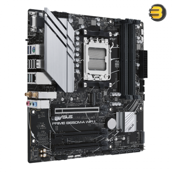 ASUS PRIME B650M-A WIFI II Micro-ATX motherboard DDR5  — PCIe 5.0 M.2 support, Realtek 2.5Gb Ethernet, Wi-Fi 6, DisplayPort, VGA, HDMI, SATA 6 Gbps, USB 3.2 Gen 2 ports, front USB 3.2 Gen 1 Type-C, BIOS FlashBack, Aura Sync