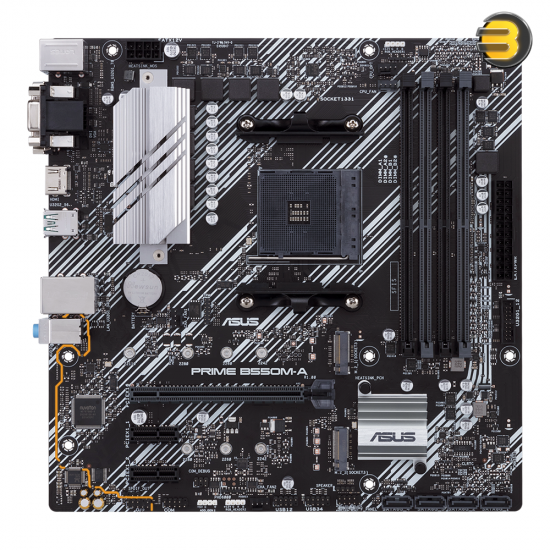 ASUS PRIME B550M-A AM4 micro-ATX motherboard with 4 DDR4 slots, PCIe 4.0 x16, dual M.2 connectors, aluminum VRM heatsinks and RGB/ARGB headers