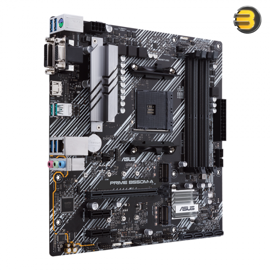 ASUS PRIME B550M-A AM4 micro-ATX motherboard with 4 DDR4 slots, PCIe 4.0 x16, dual M.2 connectors, aluminum VRM heatsinks and RGB/ARGB headers