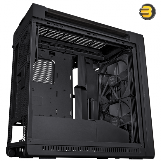 ASUS PROART PA602 WOOD TG PWM BLACK – Mid Tower Case supporting EATX/ATX/Micro-ATX/Mini-ITX/DTX/Mini-DTX, featuring 4× 2.5 bays, 4× 2.5/3.5 combo bays, 8+2 expansion slots, and front I/O: 2× USB 3.2 Gen1, 1× USB 3.2 Gen2x2 Type-C, 2× USB