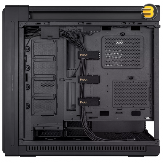 ASUS ProArt PA602 E-ATX computer case, 420 mm radiator support, one 140 mm and two 200mm pre-installed system fans, front panel IR dust indicator, power lock latch, tool-less PCIe mounting, USB 20Gbps support