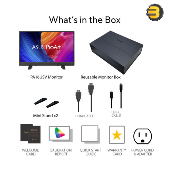 ASUS ProArt Display PA16USV 15.6" 4K UHD Portable Professional Monitor ASUS ProArt Display PA16USV 15.6 inch portable professional monitor with 4K UHD IPS panel, 12G-SDI input, factory calibration and USB Type-C connectivity