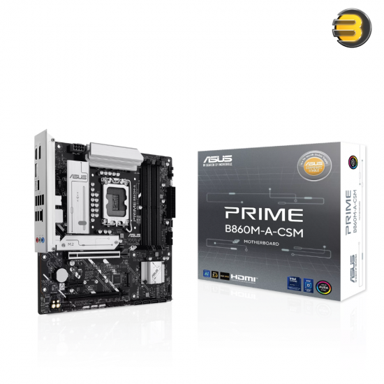 ASUS PRIME B860M-A-CSM Micro ATX LGA1851 DDR5 Motherboard ASUS PRIME B860M-A-CSM Micro ATX motherboard with LGA1851 socket, DDR5 slots, USB 20Gbps Type-C and PCIe 5.0 support