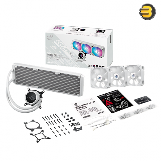 ASUS ROG Strix LC III 360 White ARGB CPU Liquid Cooling, 360mm Radiator, 3x ROG Strix AF-12S aRGB 120mm Fans, 2200 RPM Fan Speed, 70.38 CFM Ariflow, 360° Rotating ROG Logo | 90RC00T2-M0UAY0