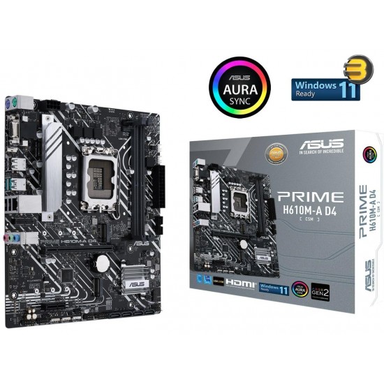 ASUS PRIME H610M-A D4-CSM LGA 1700 (Intel 12th Gen) Micro-ATX Commercial Motherboard (PCIe 4.0, DDR4, 2xM.2 slots, 1Gb LAN, rear USB 3.2 Gen 2 ports, DP/HDMI/D-Sub, SPI-TPM header, ACCE)