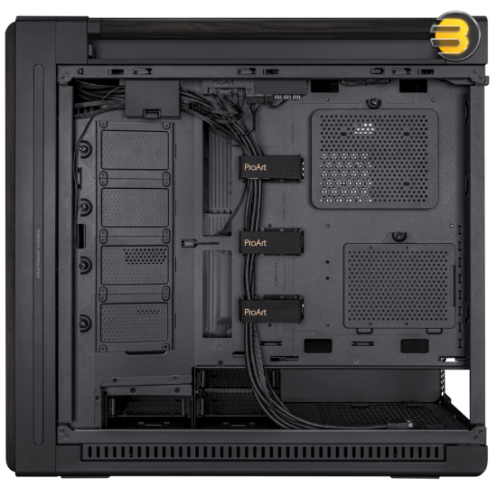 ASUS PROART PA602 WOOD TG PWM BLACK – Mid Tower Case supporting EATX/ATX/Micro-ATX/Mini-ITX/DTX/Mini-DTX, featuring 4× 2.5 bays, 4× 2.5/3.5 combo bays, 8+2 expansion slots, and front I/O: 2× USB 3.2 Gen1, 1× USB 3.2 Gen2x2 Type-C, 2× USB