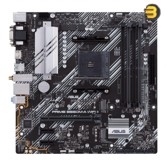 ASUS PRIME B550M-A WIFI II AM4 micro-ATX motherboard with Wi-Fi 6, PCIe 4.0 x16, dual M.2 slots, 4 DDR4 slots and Realtek 7.1 audio shielding