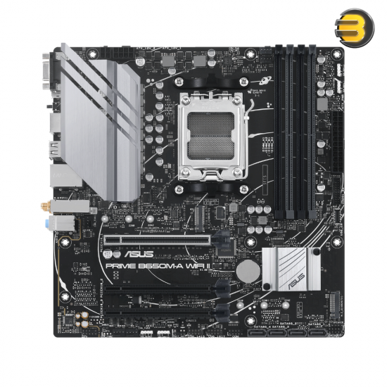 ASUS PRIME B650M-A WIFI II Micro-ATX motherboard DDR5  — PCIe 5.0 M.2 support, Realtek 2.5Gb Ethernet, Wi-Fi 6, DisplayPort, VGA, HDMI, SATA 6 Gbps, USB 3.2 Gen 2 ports, front USB 3.2 Gen 1 Type-C, BIOS FlashBack, Aura Sync