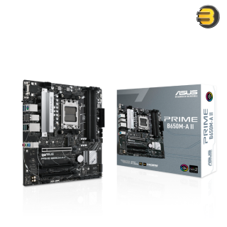 ASUS PRIME B650M-A II mATX motherboard DDR5 — PCIe 5.0 M.2, 2.5Gb Ethernet, DisplayPort, HDMI, VGA, rear USB 3.2 Gen 2, front USB 3.2 Gen 1 Type-C, BIOS FlashBack, Arua Sync