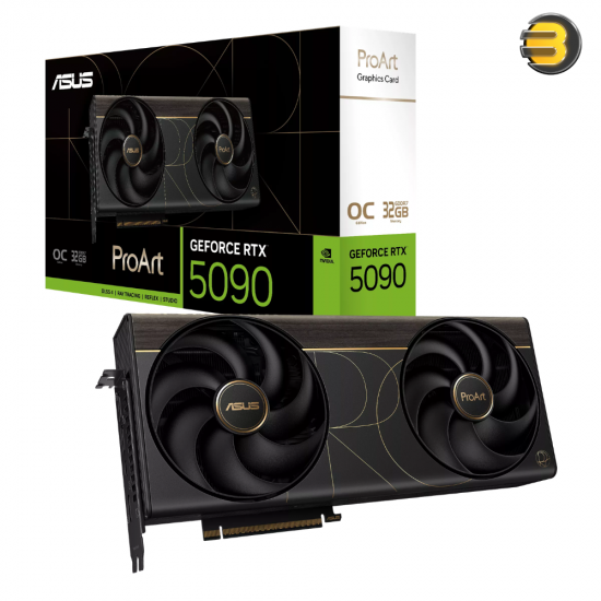 ASUS ProArt RTX 5090 32GB GDDR7 PCIe 5.0 Creator Graphics Card ASUS ProArt RTX 5090 32GB graphics card with NVIDIA Blackwell architecture, 32GB GDDR7 memory, HDMI 2.1b, DisplayPort 2.1b and Axial-tech cooling fans
