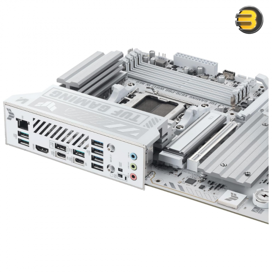 ASUS TUF GAMING X870-PRO WIFI7 W NEO white and silver ATX motherboard with AMD AM5 socket, PCIe 5.0 x16, 4 M.2 slots, Wi-Fi 7, Realtek 5Gb Ethernet and USB4 40Gbps ports