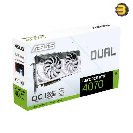 ASUS Dual RTX 4070 White OC Edition 12GB GDDR6X — PCIe 4.0, 12GB GDDR6X, DLSS 3, HDMI 2.1, DisplayPort 1.4a, 2.56-slot design, Axial-tech fan design, 0dB technology