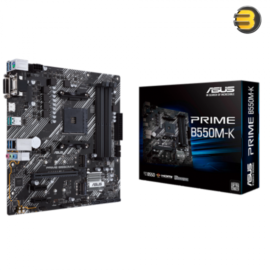 ASUS PRIME B550M-K AM4 micro-ATX motherboard with PCIe 4.0 x16, dual M.2 slots, HDMI 2.1, DVI-D, VGA and 10Gbps USB 3.2 ports