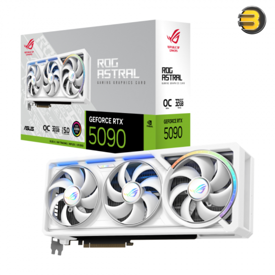 ASUS ROG Astral GeForce RTX 5090 32GB GDDR7 WHITE OC Edition graphics card with four Axial-tech fans, vapor chamber cooling, 3.8-slot design and all-white aesthetic
